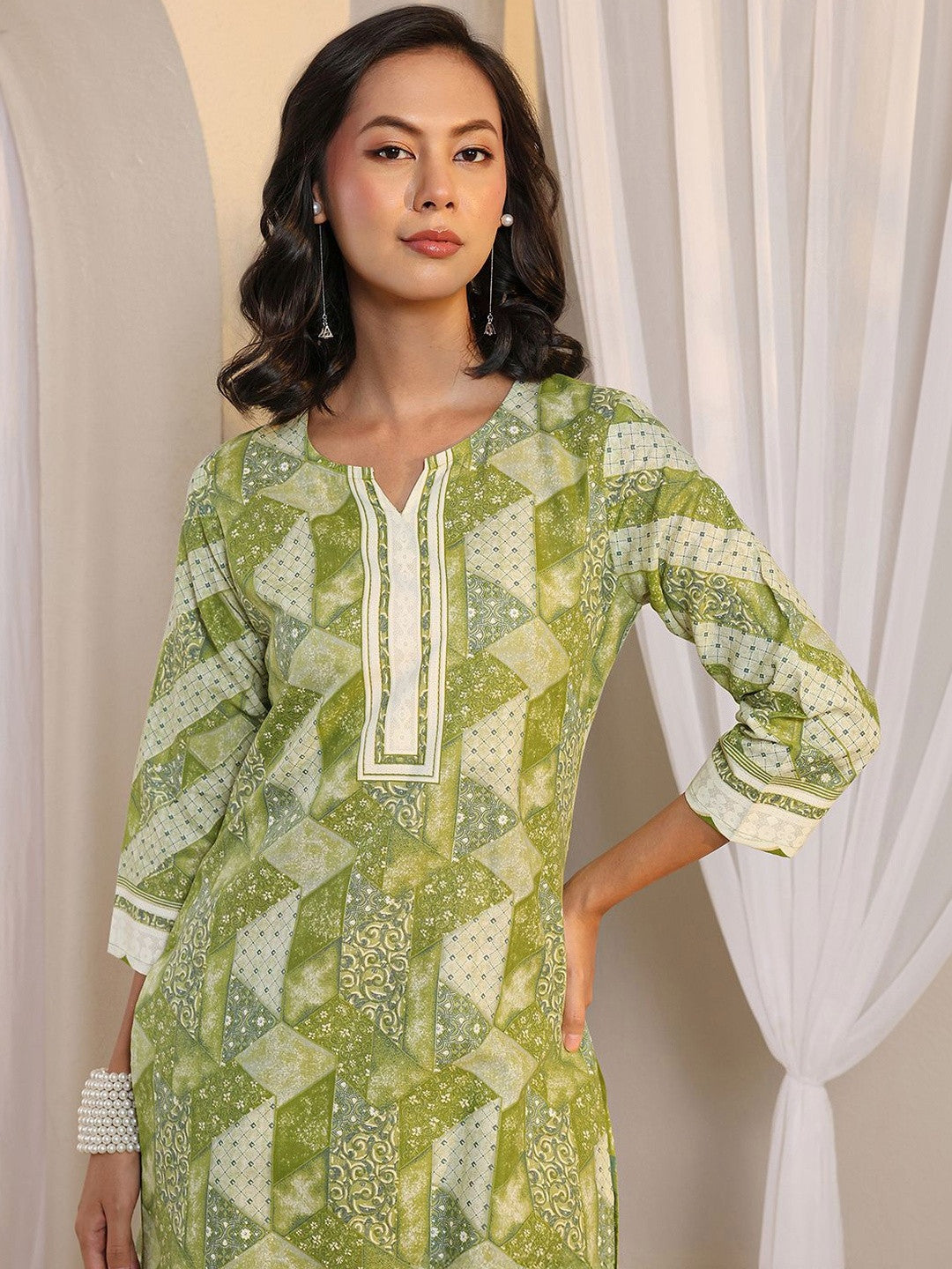 Libas Green Geometric Printed Straight Suit Set with Dupatta