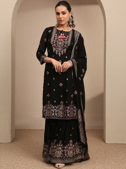Dhiyona LL Women Ethnic Motifs Embroidered Regular Thread Work Kurta with Sharara & With Dupatta