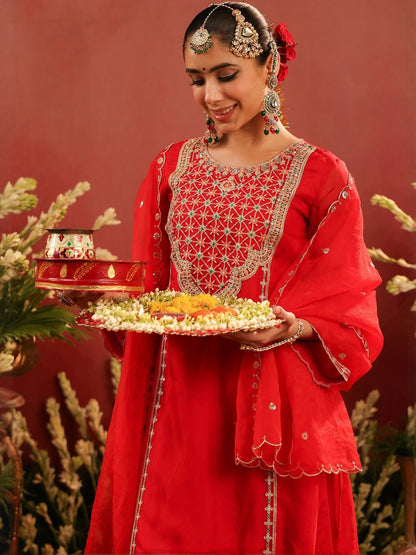 Dhiyona SC Floral Embroidered Round Neck Thread Work Organza Silk Kurta With Palazzo & Dupatta