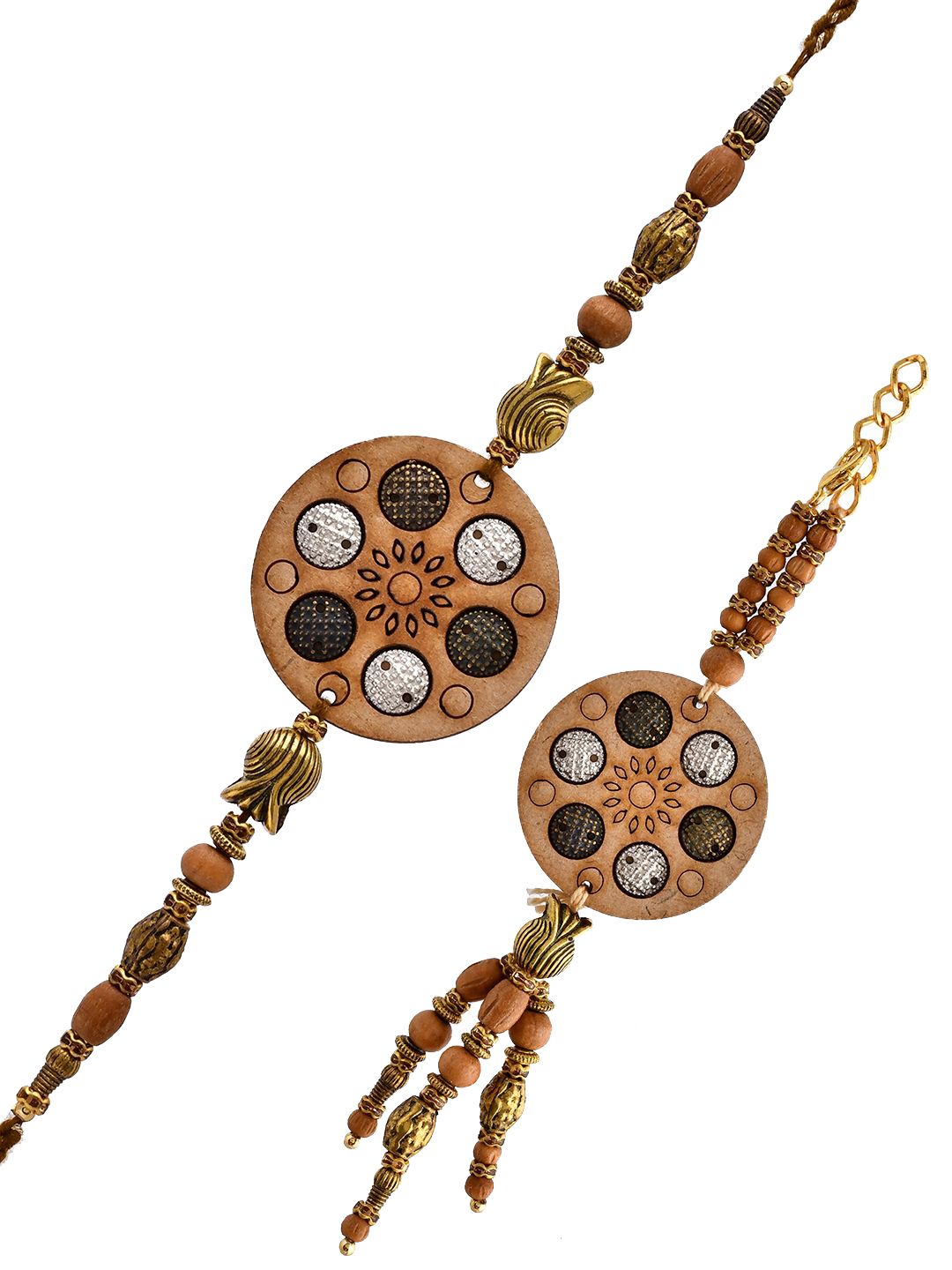 Dhiyona Set Of 2 Brown Beaded Rakhis With Roli Chawal & Greeting Card