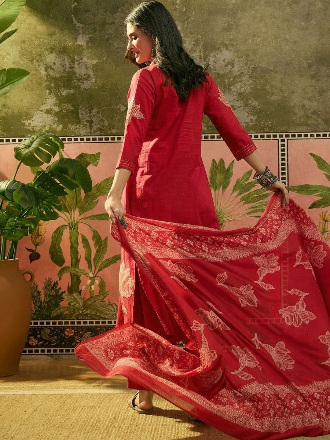 Women's Red Solid Embroidered Cotton A-line Kurta Pant Dupatta Set