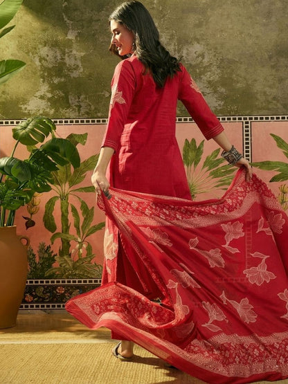 Women's Red Solid Embroidered Cotton A-line Kurta Pant Dupatta Set