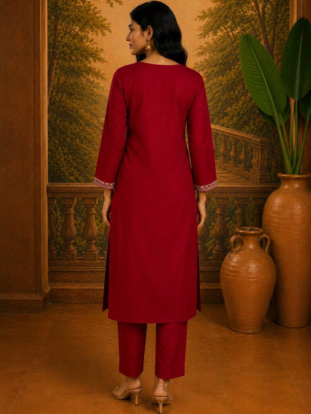 Women Embroidered V-Neck Straight Kurta & Trousers