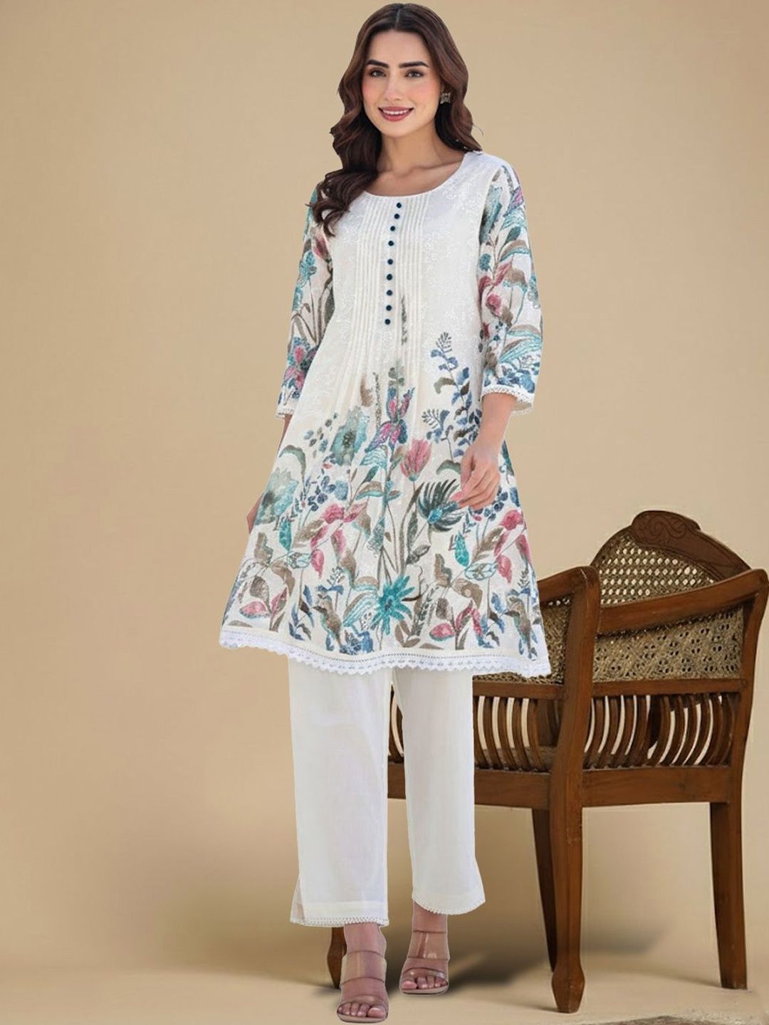 Dhiyona IE Women Floral Printed Pleated Thread Work Pure Cotton Kurta with Trousers