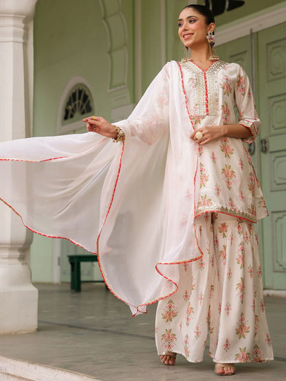 Dhiyona SC Floral Printed Gotta Patti Chanderi Silk Kurta With Sharara & Dupatta