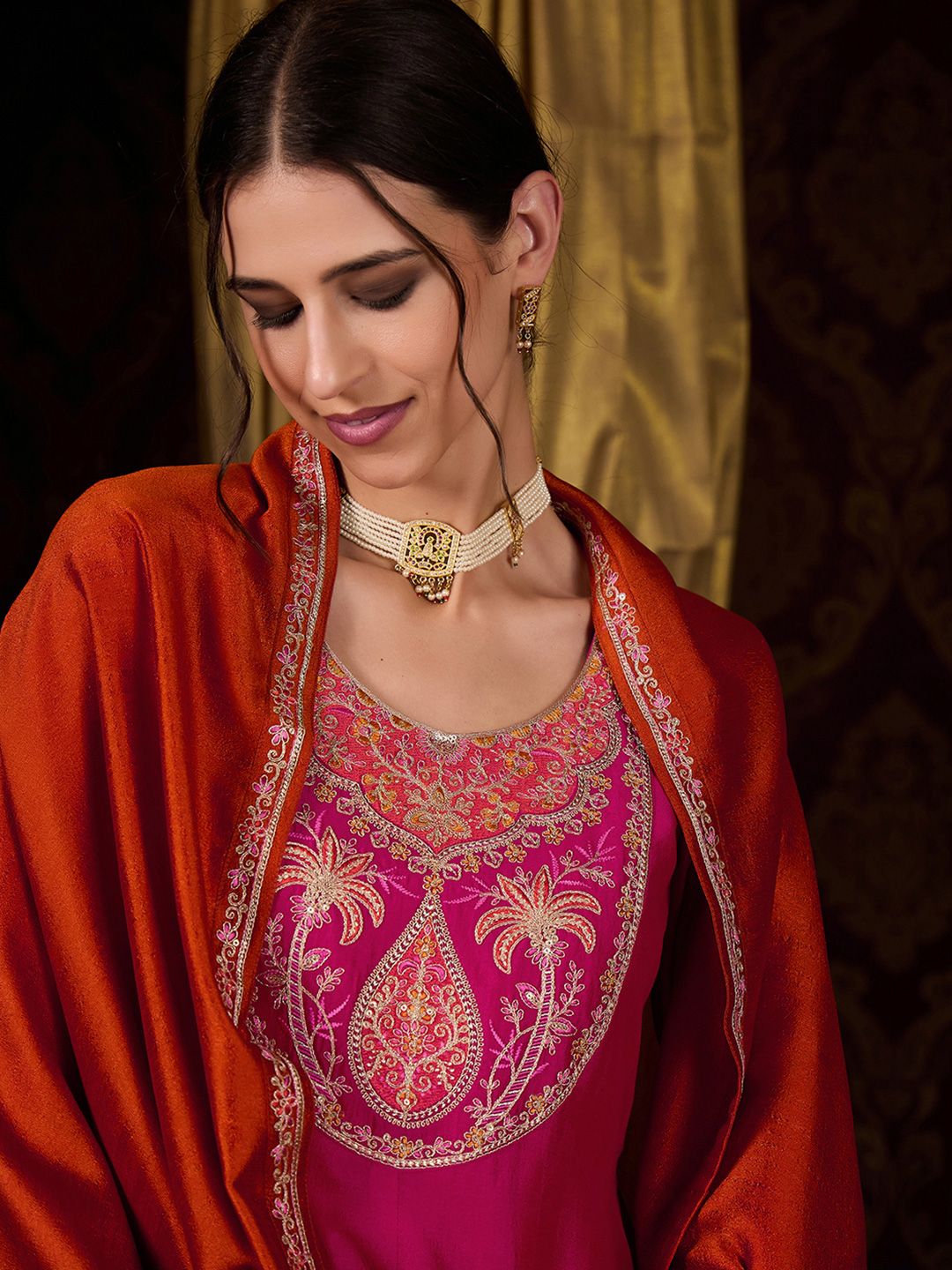 Dhiyona CH Women Floral Embroidered Pleated Sequinned Kurta With Trousers & Dupatta Kurta Sets