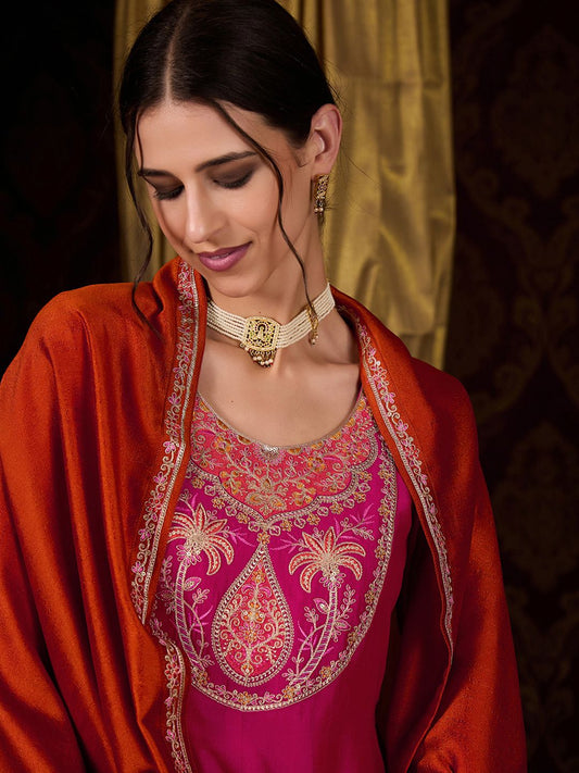Dhiyona CH Women Floral Embroidered Pleated Sequinned Kurta With Trousers & Dupatta Kurta Sets