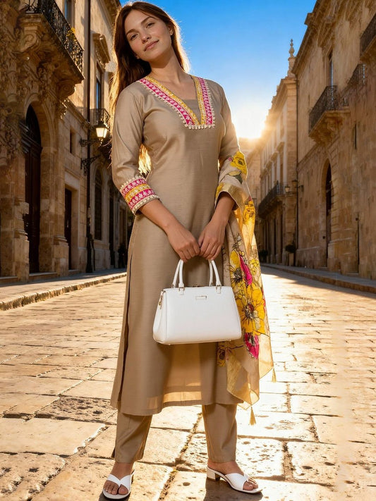 Women Floral Embroidered Regular Thread Work Raw Silk Kurta with Trousers & With Dupatta