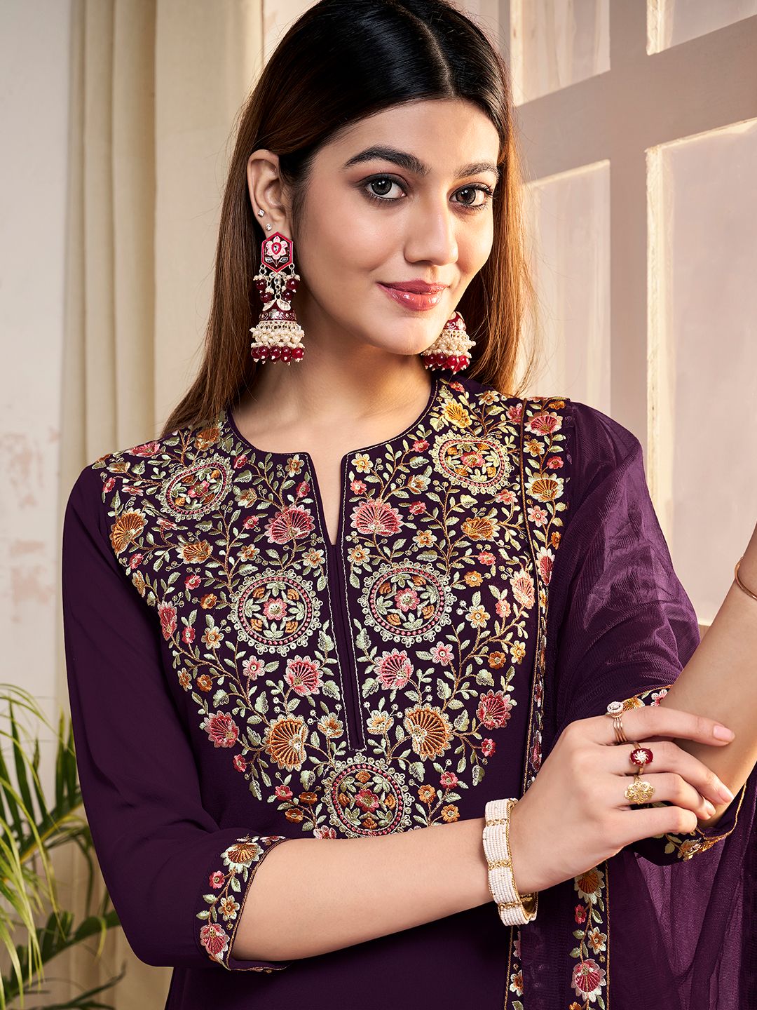Dhiyona IN Ethnic Motifs Embroidered Thread Work Georgette Kurta With Sharara And Dupatta