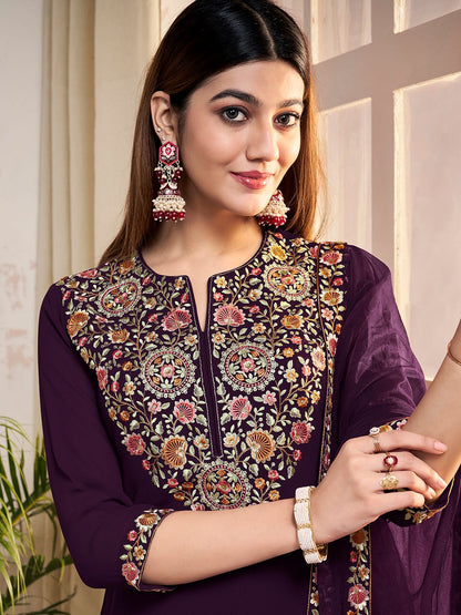 Dhiyona IN Ethnic Motifs Embroidered Thread Work Georgette Kurta With Sharara And Dupatta