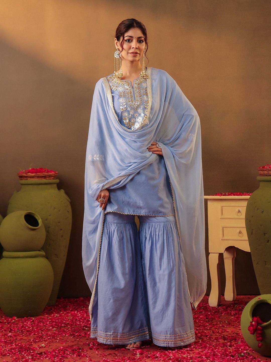 Dhiyona SC Floral Yoke Design Gotta Patti Chanderi Silk Straight Kurta With Sharara & Dupatta