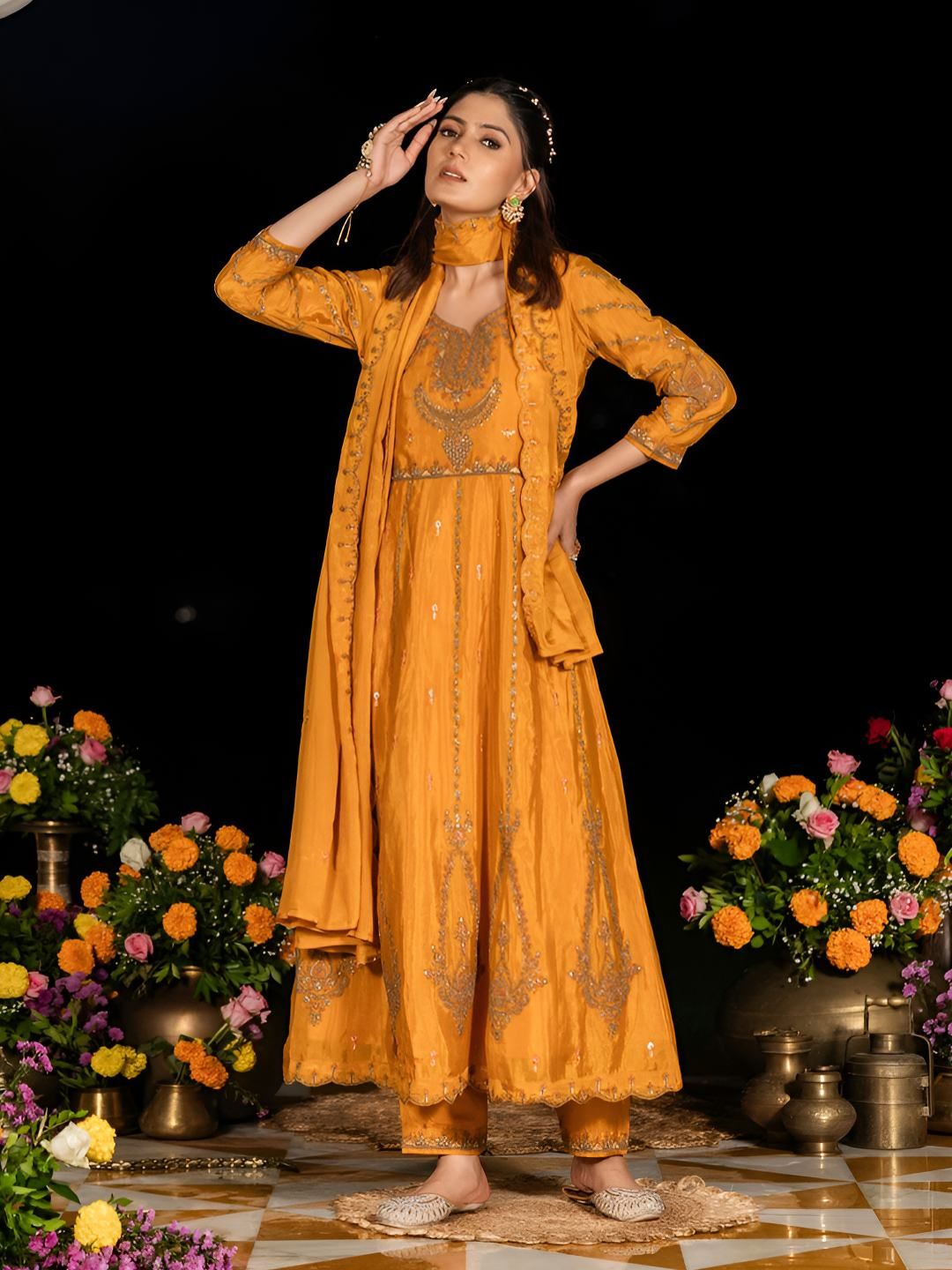 Dhiyona CH Ethnic Motifs Embroidered Zari Anarkali Kurta with Trousers & Dupatta
