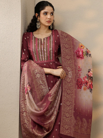 Ethnic Motifs Mirror Work Notch Neck Straight Kurta with Trousers & Dupatta