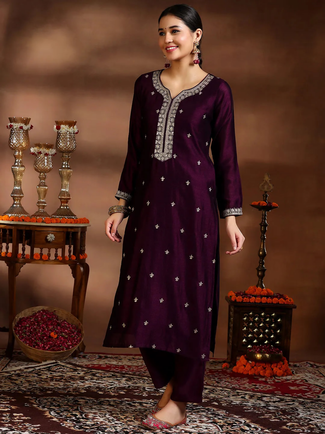 Women's LB Wine Embroidered Silk Blend Straight Suit With Dupatta