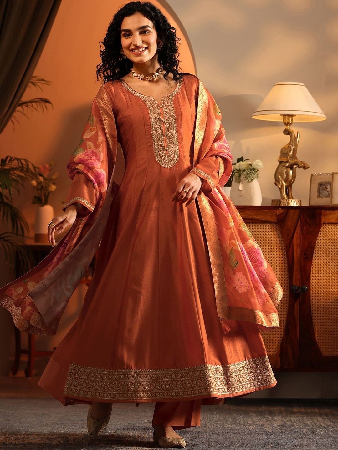 Dhiyona LL Ethnic Motifs Embroidered Panelled Thread Work Kurta With Palazzos & Dupatta