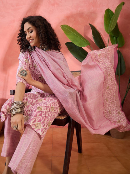 Printed Pure Cotton Round Neck Kurta & Trousers Kurta Sets