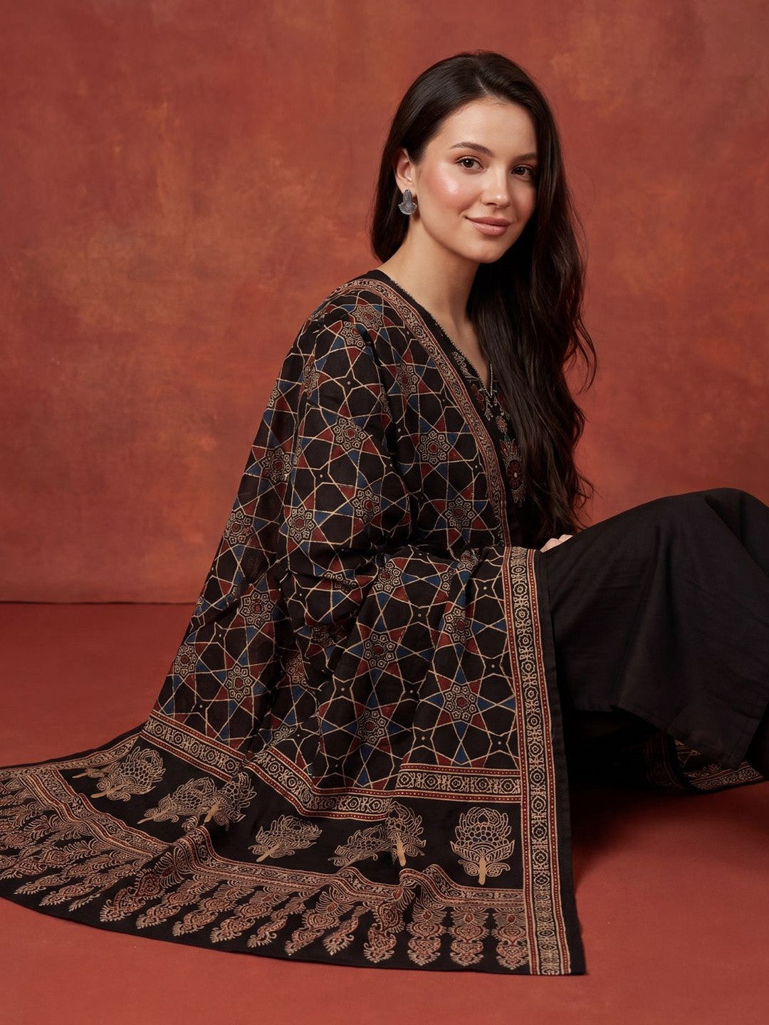 Women Ethnic Motifs Printed Regular Thread Work Pure Cotton Kurta with Trousers & With Dupatta