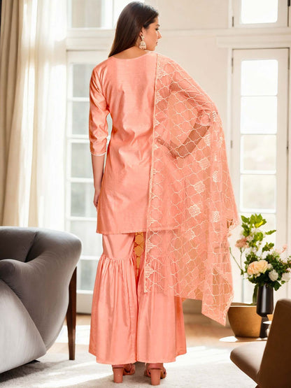 Dhiyona AN Coral Floral Embroidered Chanderi Cotton Straight Kurta With Sharara & Dupatta