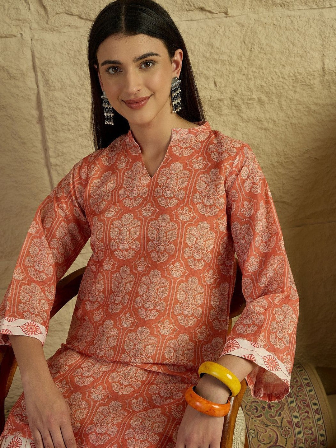 Women Linen Floral Print Straight Short Kurti With Farshi Salwar Set