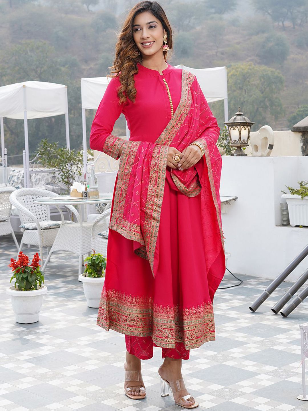 Dhiyona KL Ethnic Motifs Printed Mandarin Collar Anarkali Kurta with Trouser & Dupatta