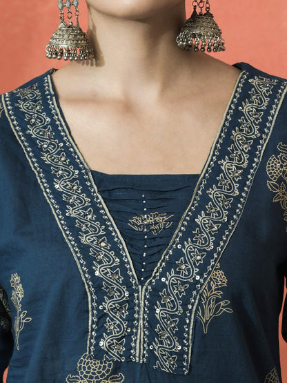 Dhiyona SN Women's Floral Printed Notch Neck Pure Cotton Straight Kurta With Trouser And Dupatta