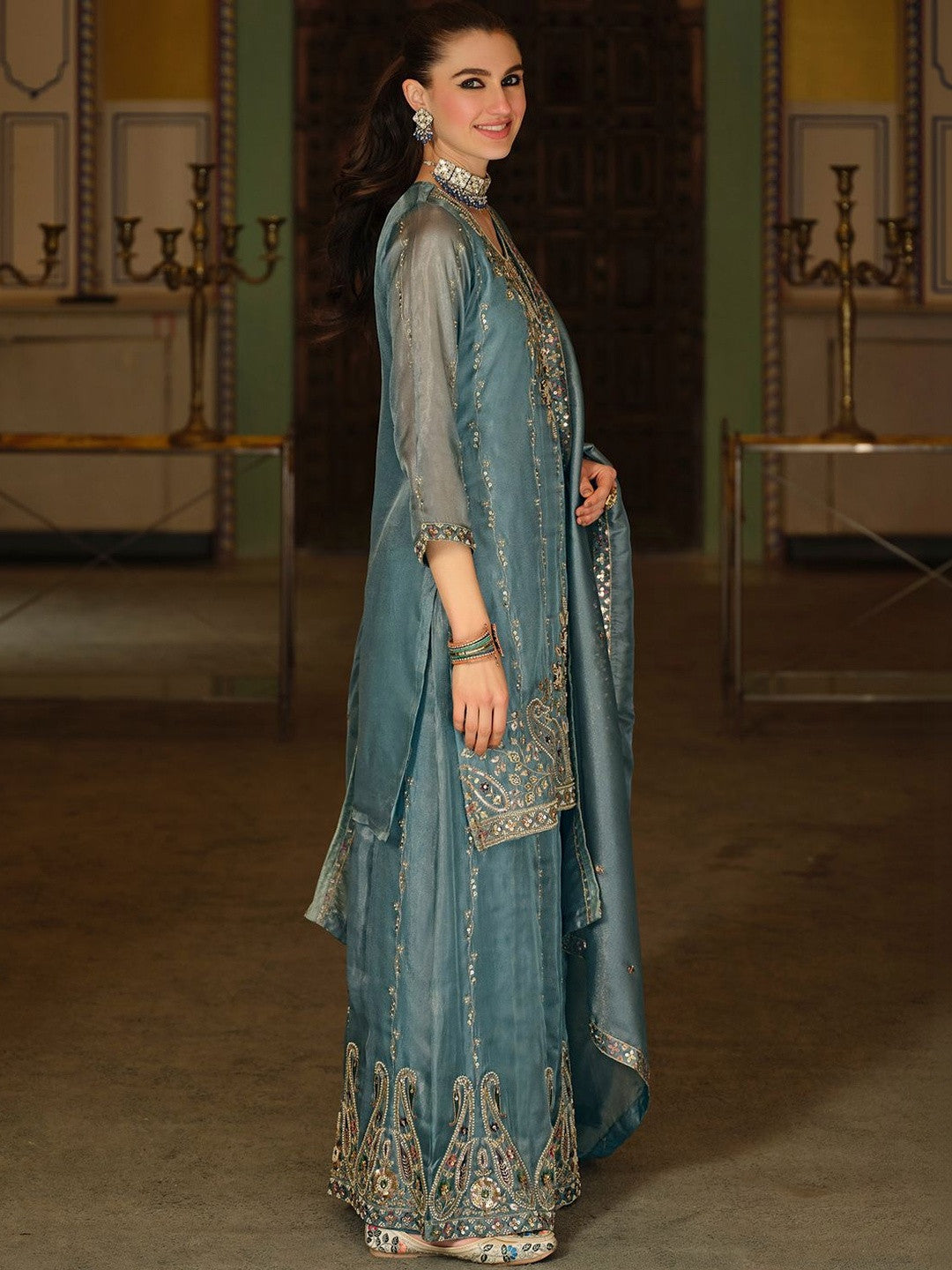 Women Paisley Embroidered Regular Beads and Stones Kurta with Palazzos & With Dupatta