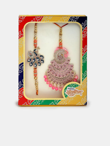 Dhiyona Unisex Set Of 2 Multicolor Peacock Design Stone & Beaded Bhaiya Bhabhi Rakhi