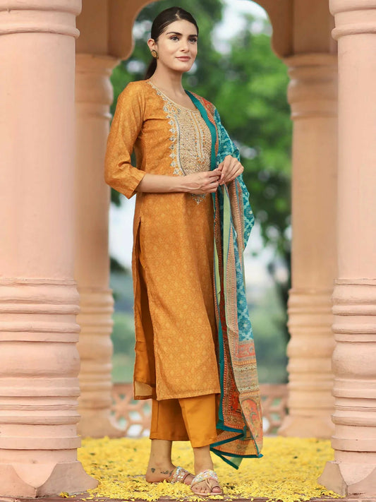 Women's LB Mustard Printed Silk Blend Straight Suit With Dupatta