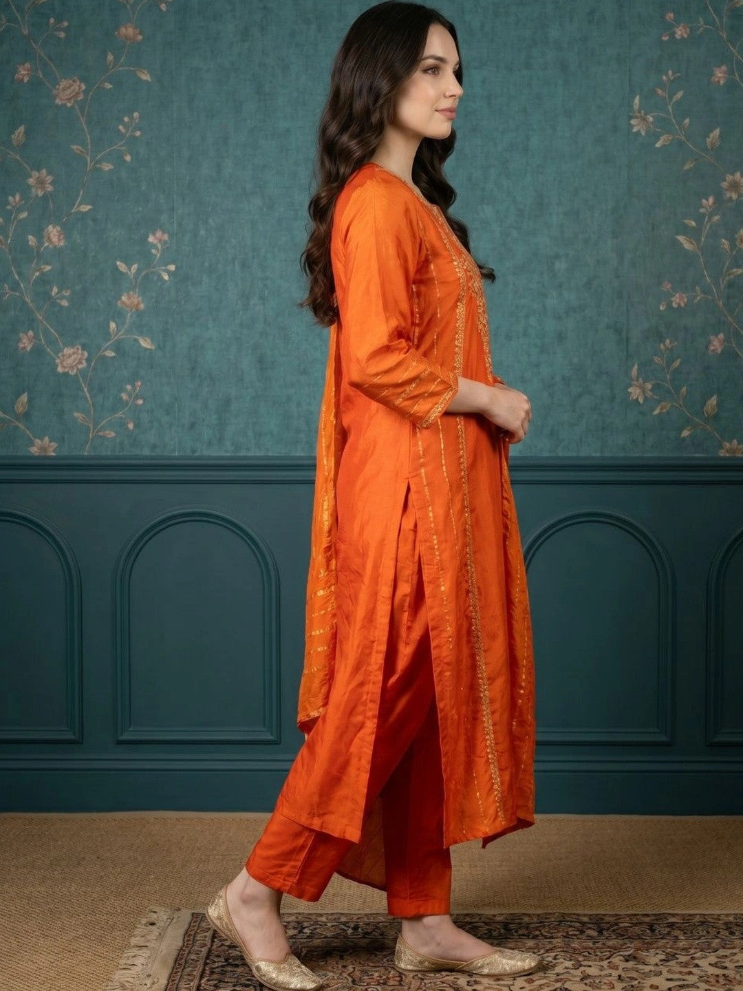 Women Ethnic Motifs Embroidered Regular Thread Work Kurta with Trousers & With Dupatta