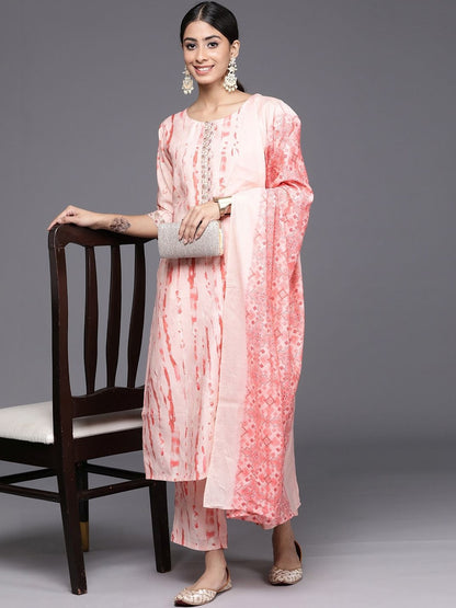 Women Printed Regular Thread Work Kurta with Trousers & With Dupatta