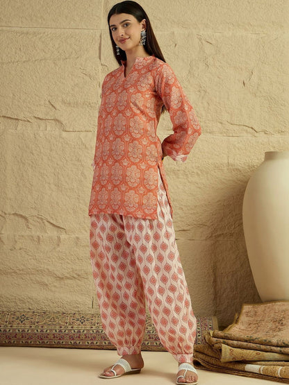 Women Linen Floral Print Straight Short Kurti With Farshi Salwar Set