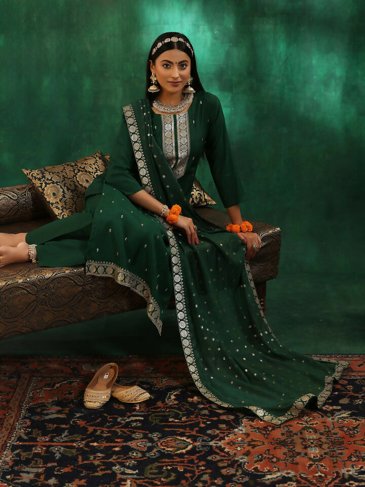 Women's LB Green Self Design Silk Blend Straight Suit With Dupatta