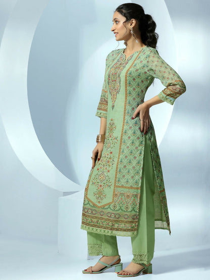 Women's LB Green Printed Linen Straight Suit With Dupatta