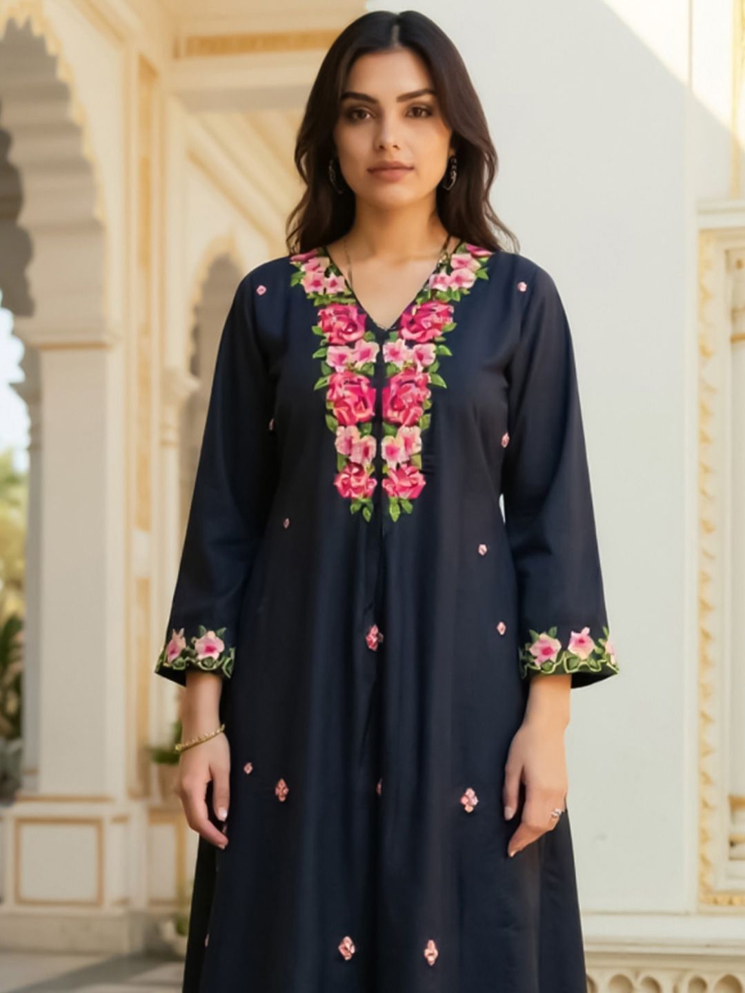 Dhiyona IE Women Floral Embroidered Kurta with Trousers