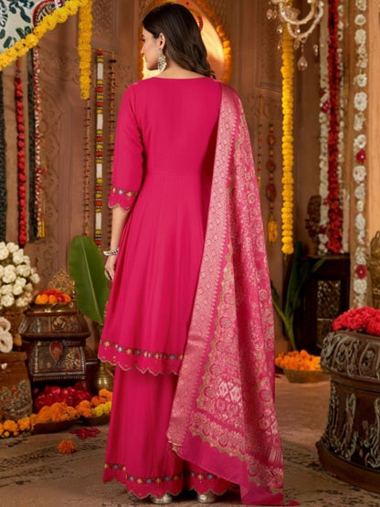 Dhiyona KL Women Ethnic Motifs Embroidered Tiered Thread Work Pure Silk Kurta with Palazzos & With Dupatta