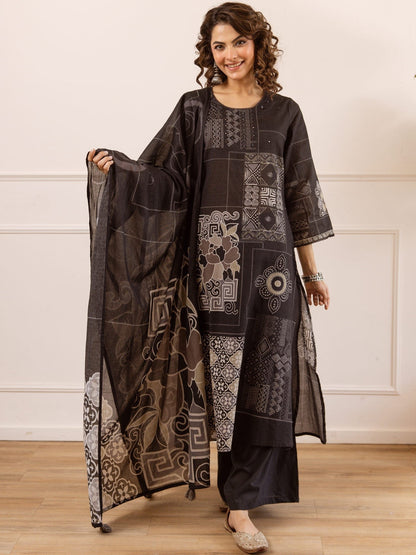 Printed Cotton Round Neck Kurta & Palazzos With Dupatta Kurta Set