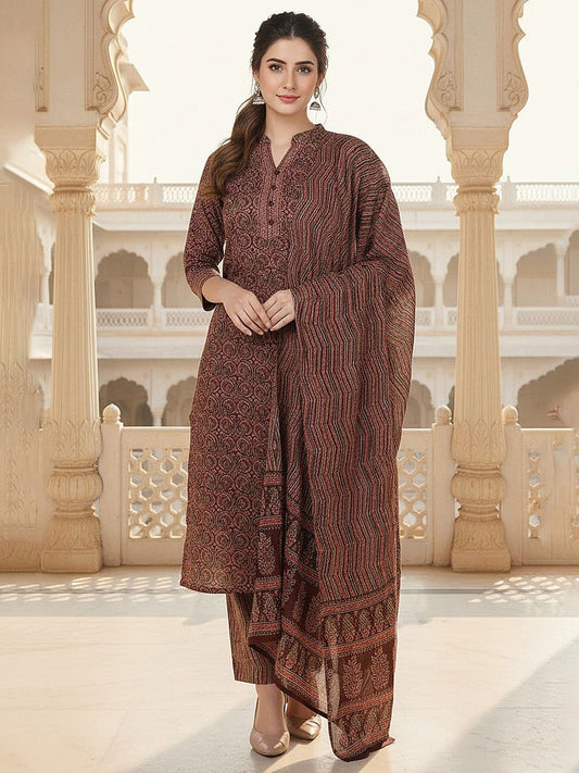Dhiyona KL Ethnic Motifs Printed Mandarin Collar Straight Kurta & Trousers With Dupatta