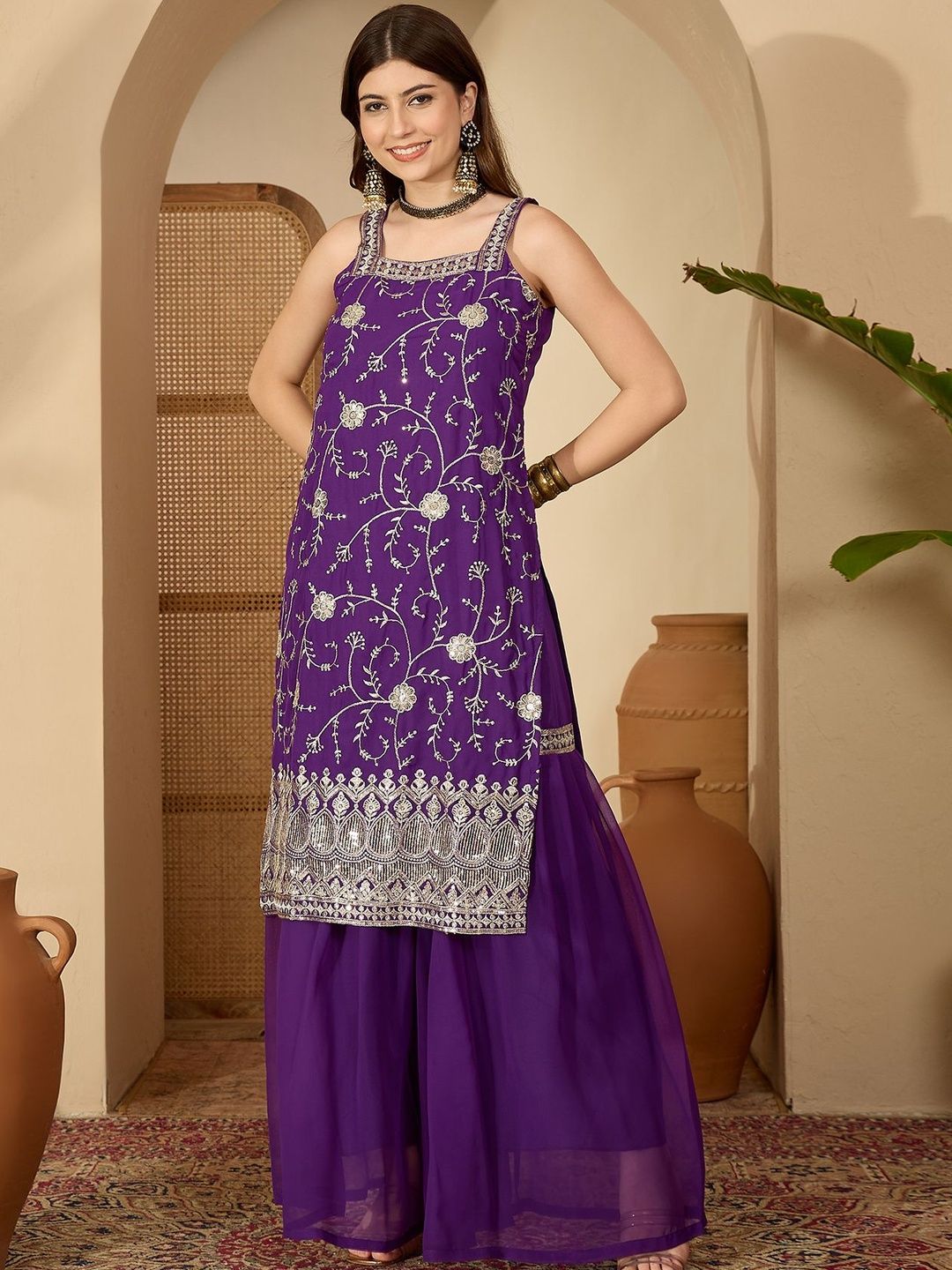 Dhiyona SN Women Ethnic Motifs Embroidered Regular Thread Work Kurta with Sharara & Dupatta