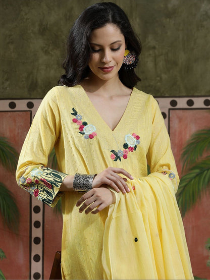 Embroidered Pure Cotton V-Neck Kurta & Trousers Kurta Sets