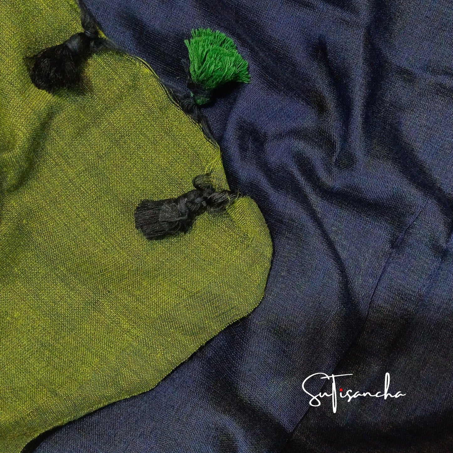 Dhiyona SS Sutisancha Mehndi Hand Woven Pure Cotton Dual Colour PomPom Saree