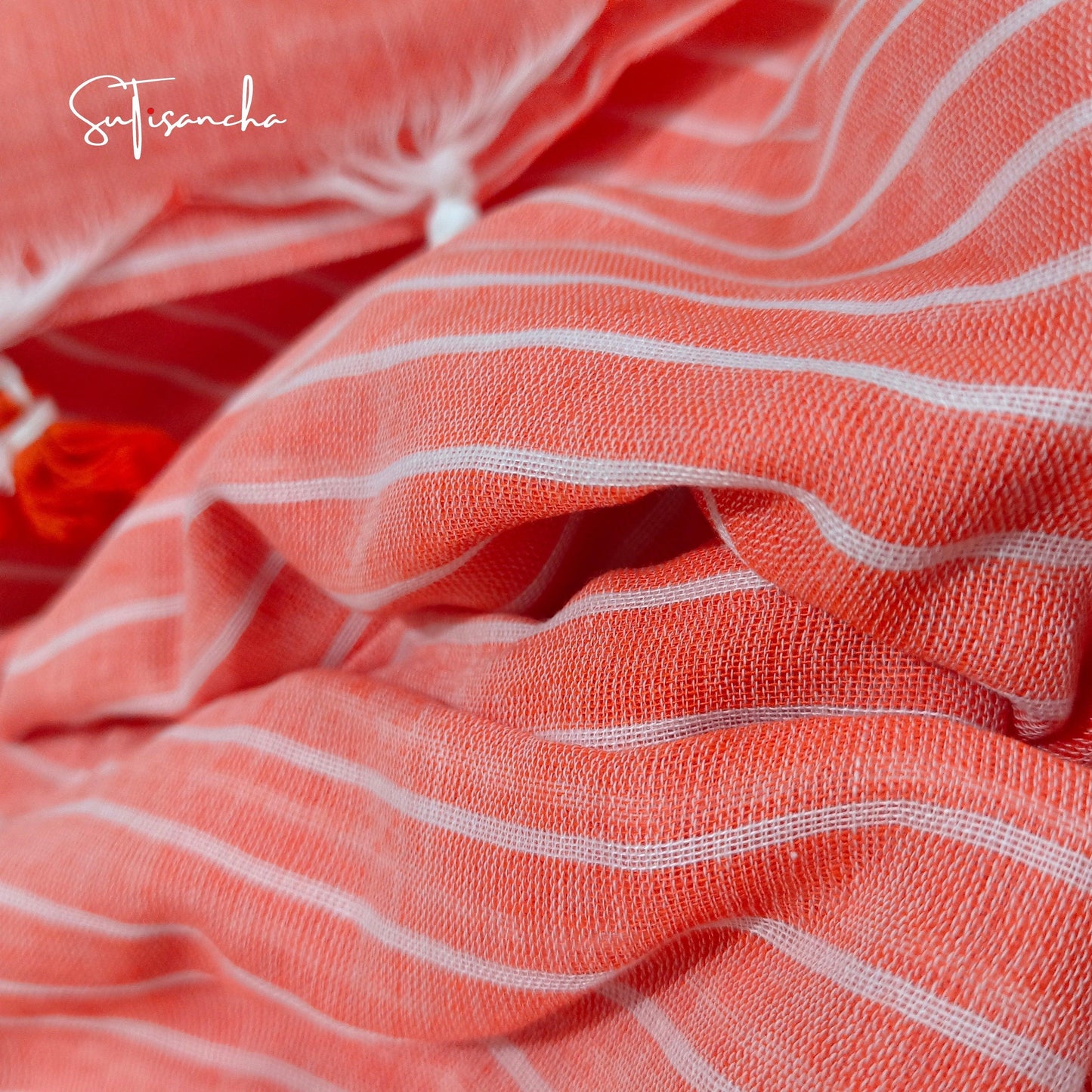 Dhiyona SS Sutisancha Pantone Peach Stripe Handloom Cotton Saree