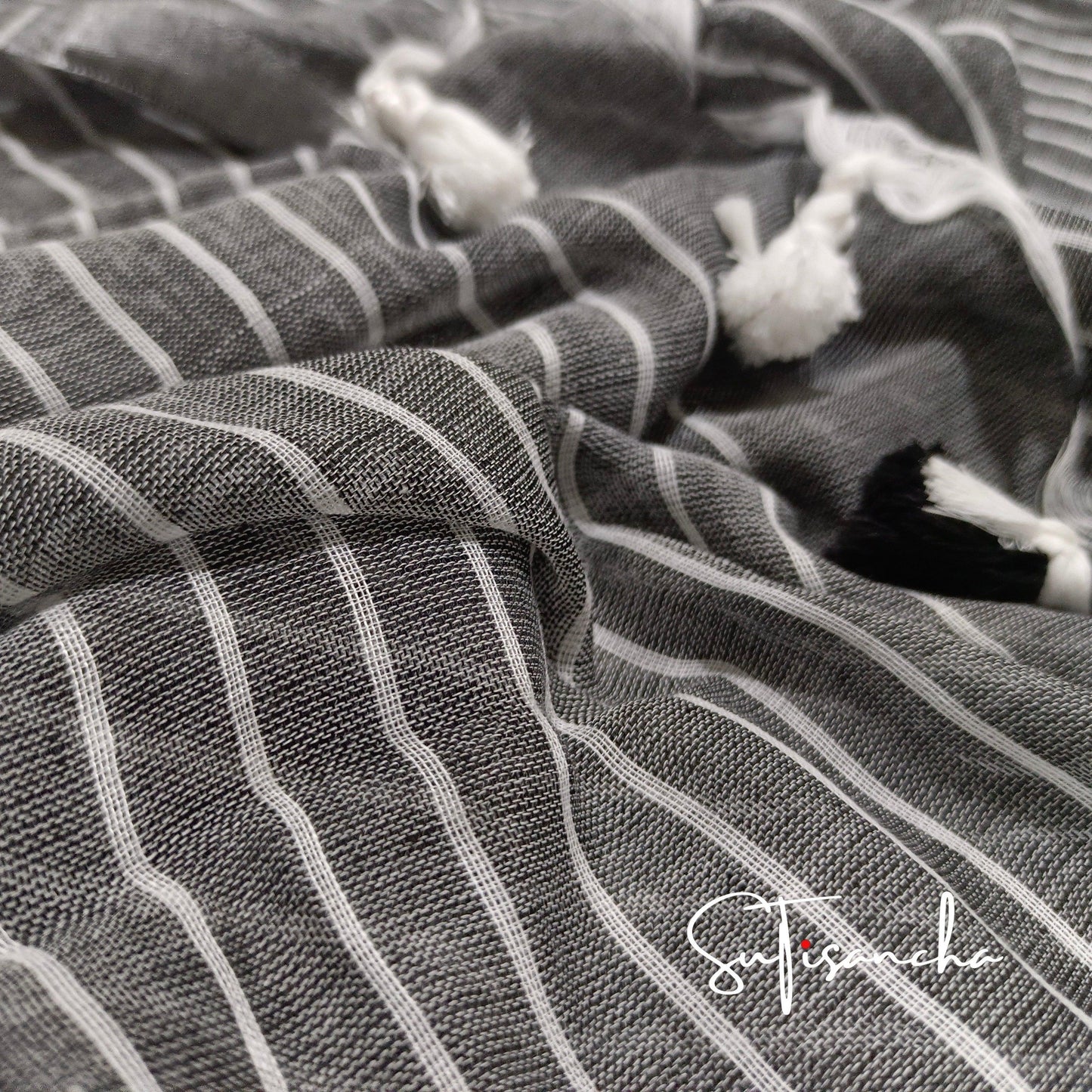 Dhiyona SS Sutisancha Grey Stripe with PomPom Handloom Cotton Saree