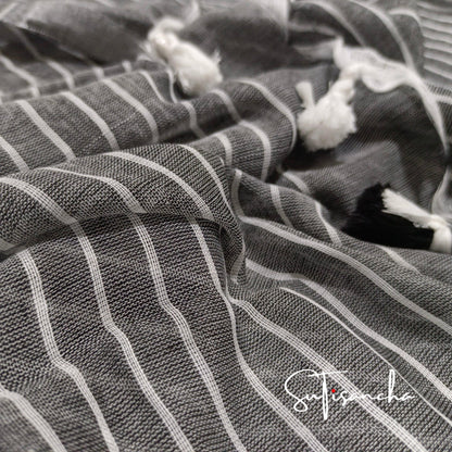 Dhiyona SS Sutisancha Grey Stripe with PomPom Handloom Cotton Saree