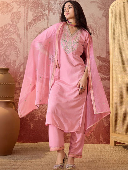 Dhiyona SN Embroidered V-Neck Kurta & Palazzos Kurta Set