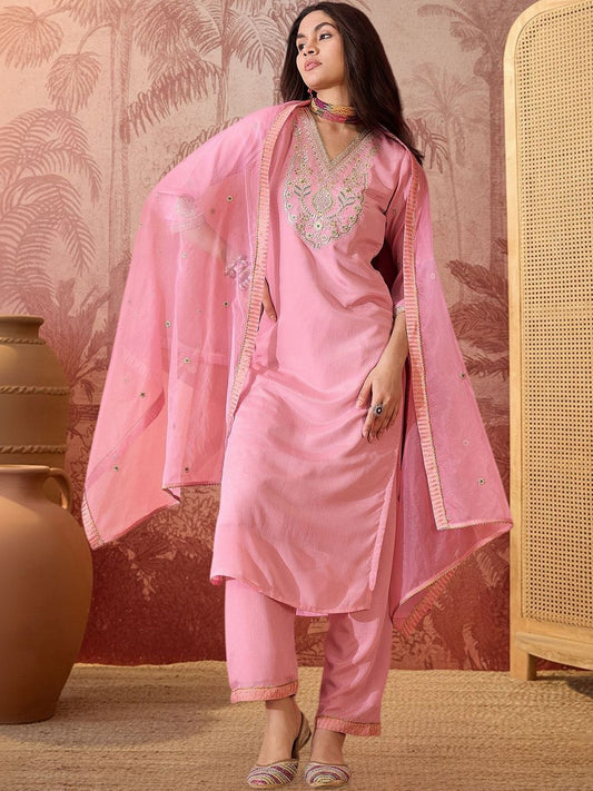 Dhiyona SN Embroidered V-Neck Kurta & Palazzos Kurta Set