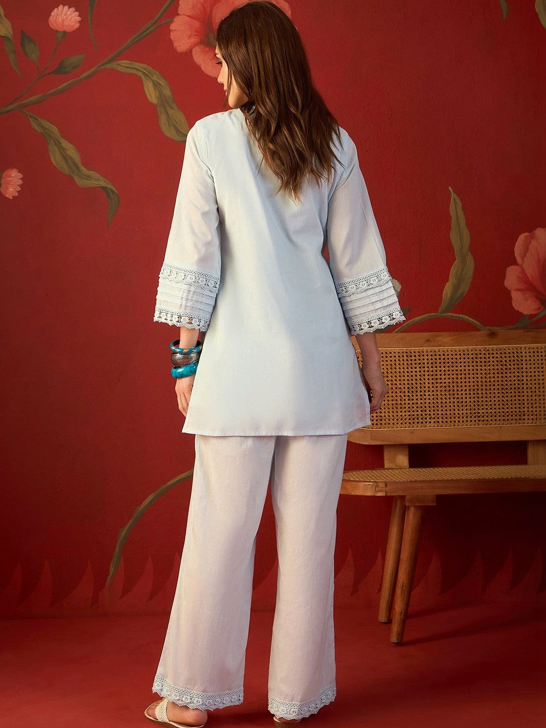 Blue schiffli embroidered cotton tunic and pants