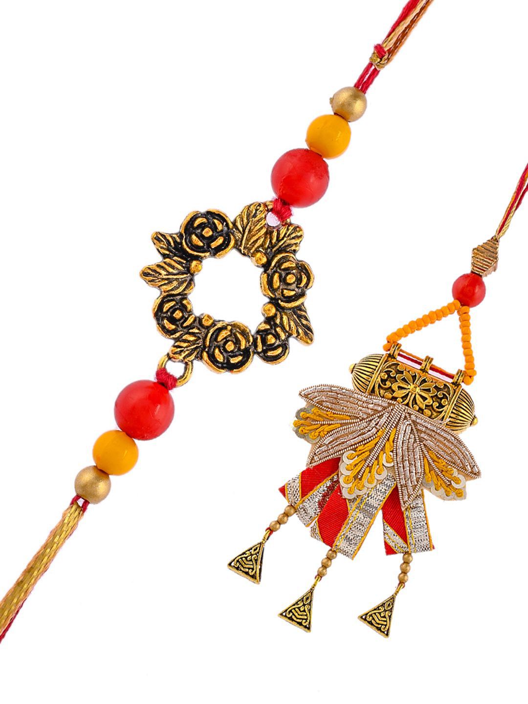 Dhiyona Orange Beaded Bhaiya Bhabhi Rakhis With Roli Chawal & Greeting Card