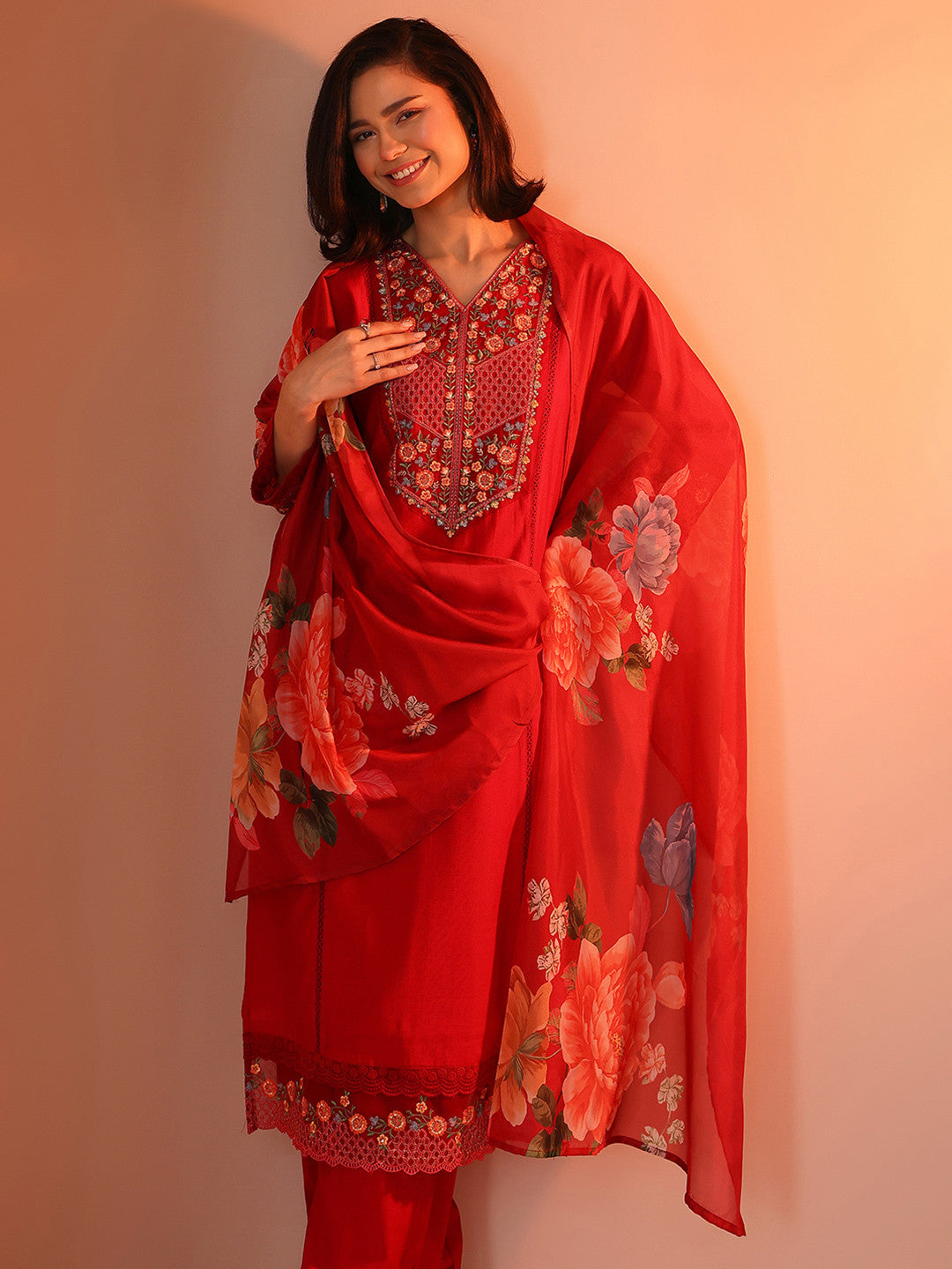 Women Woven Design Embroidered Kurta with Trousers & Dupatta