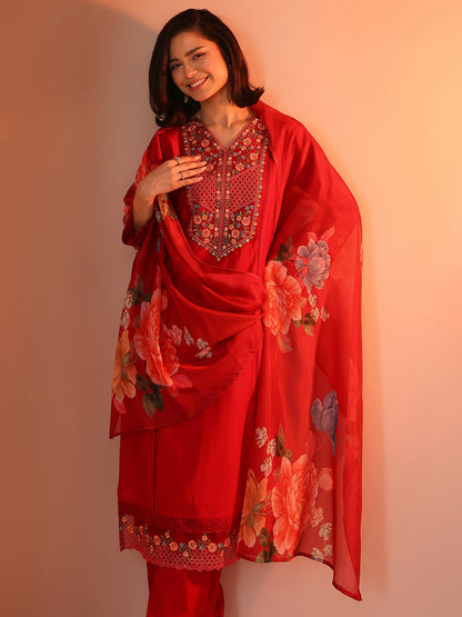 Women Woven Design Embroidered Kurta with Trousers & Dupatta
