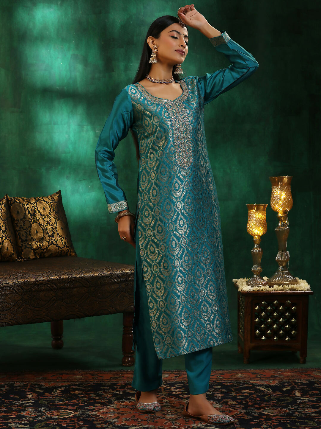 Women's LB Rama Green Woven Design Silk Blend Straight Suit With Dupatta